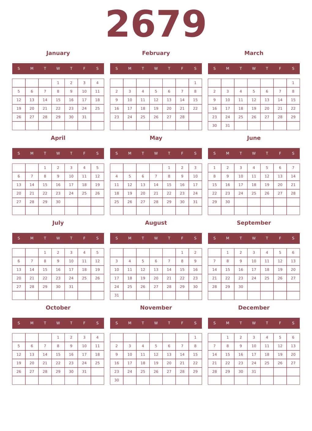 Printable 2679 Year Calendars cordovan