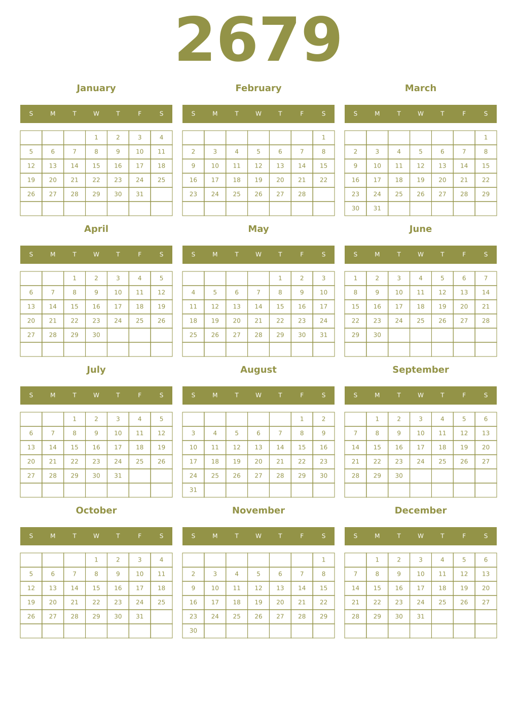 Printable 2679 Year Calendars eburnean