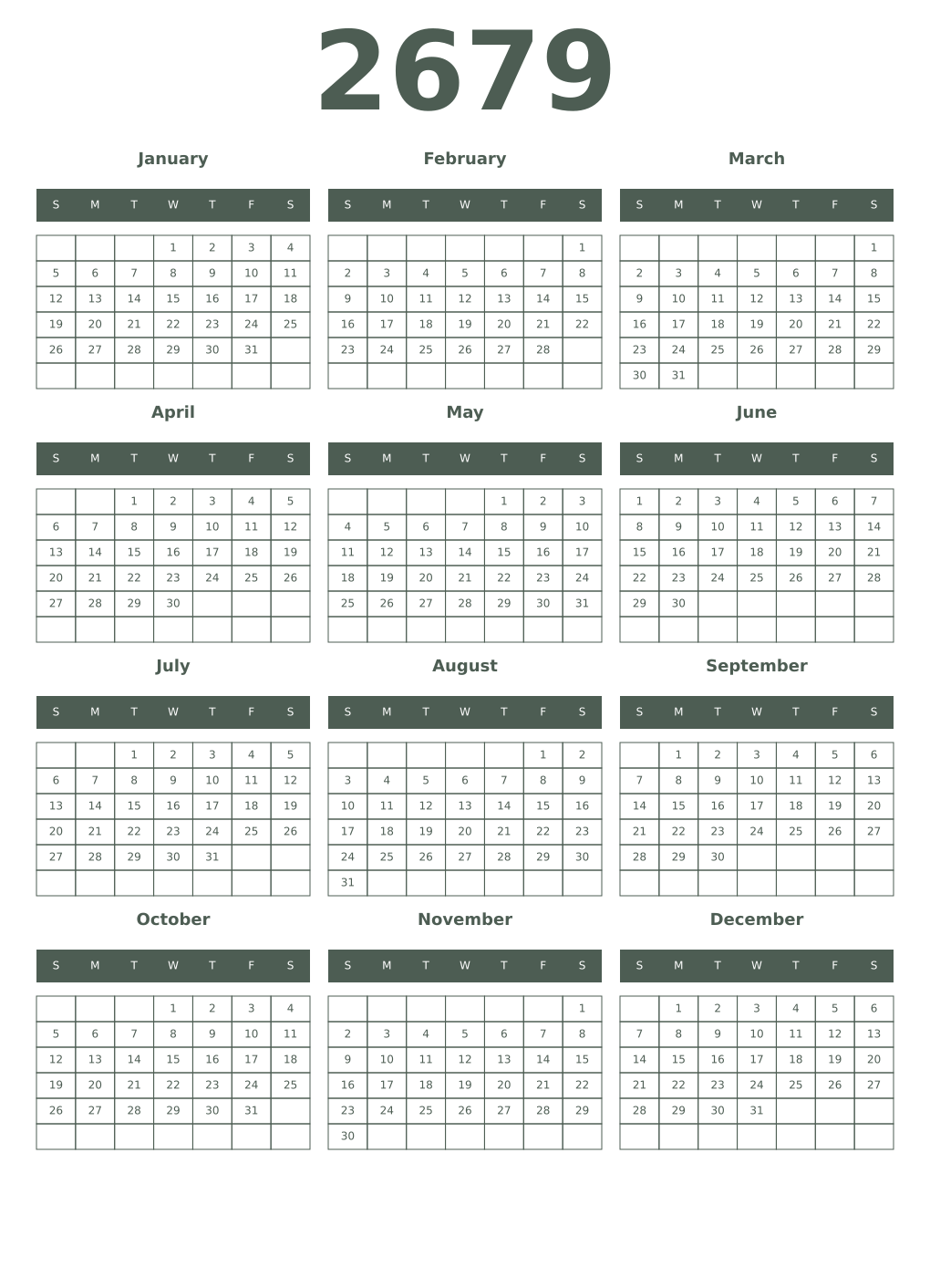 Printable 2679 Year Calendars feldgrau