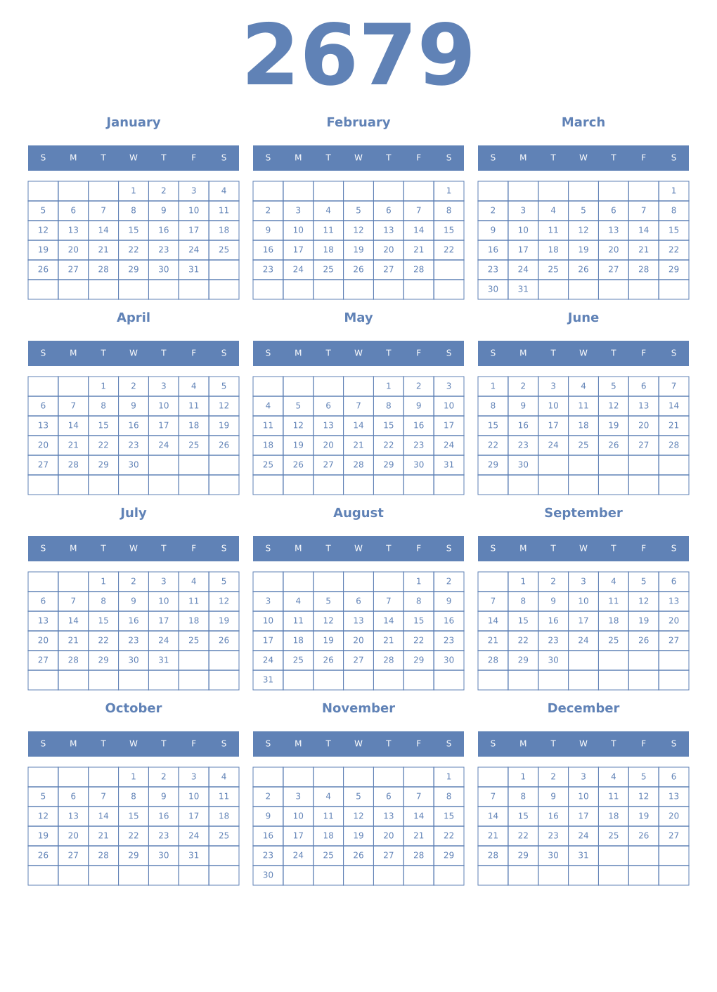 Printable 2679 Year Calendars glaucous