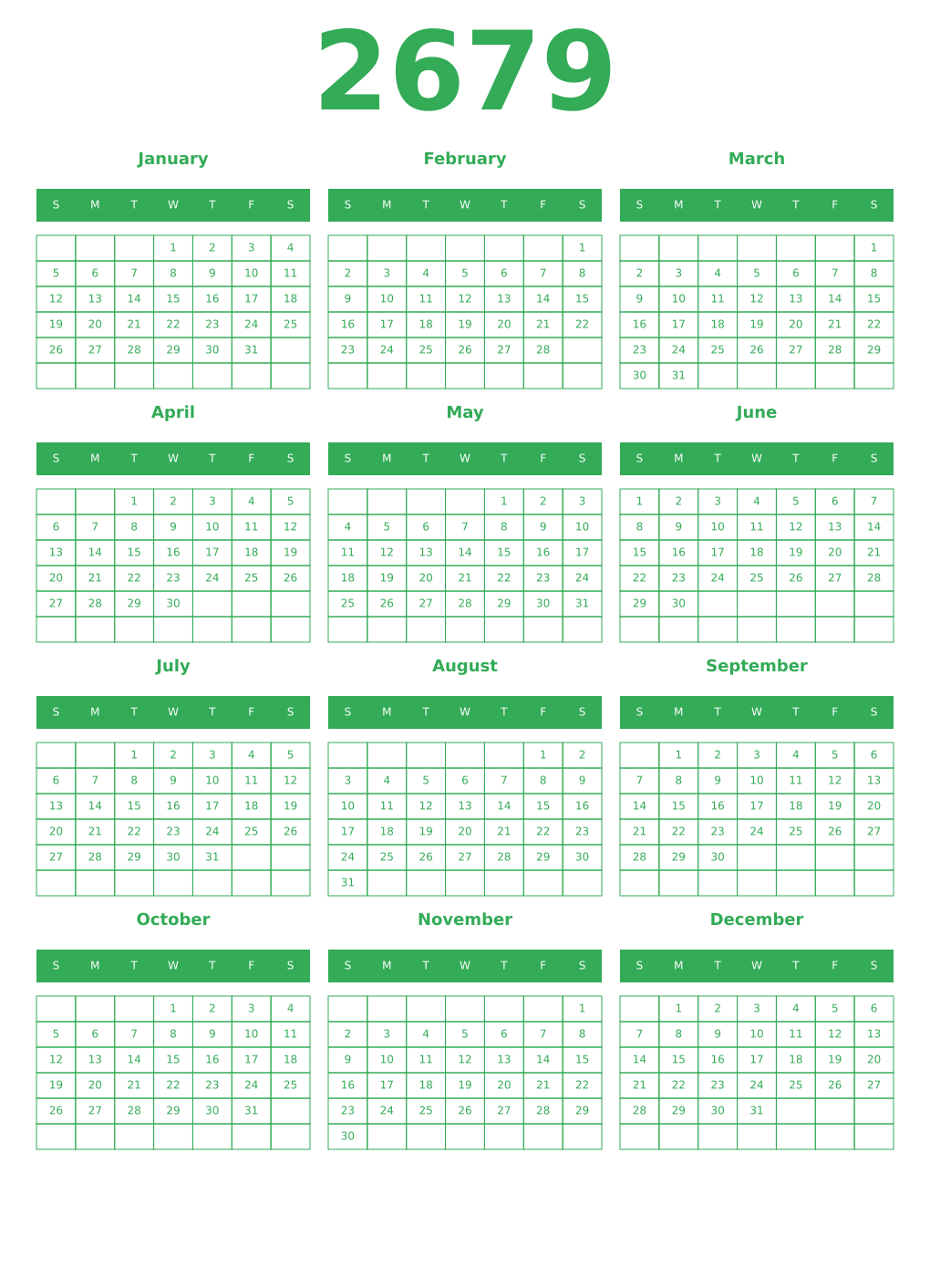 Printable 2679 Year Calendars green