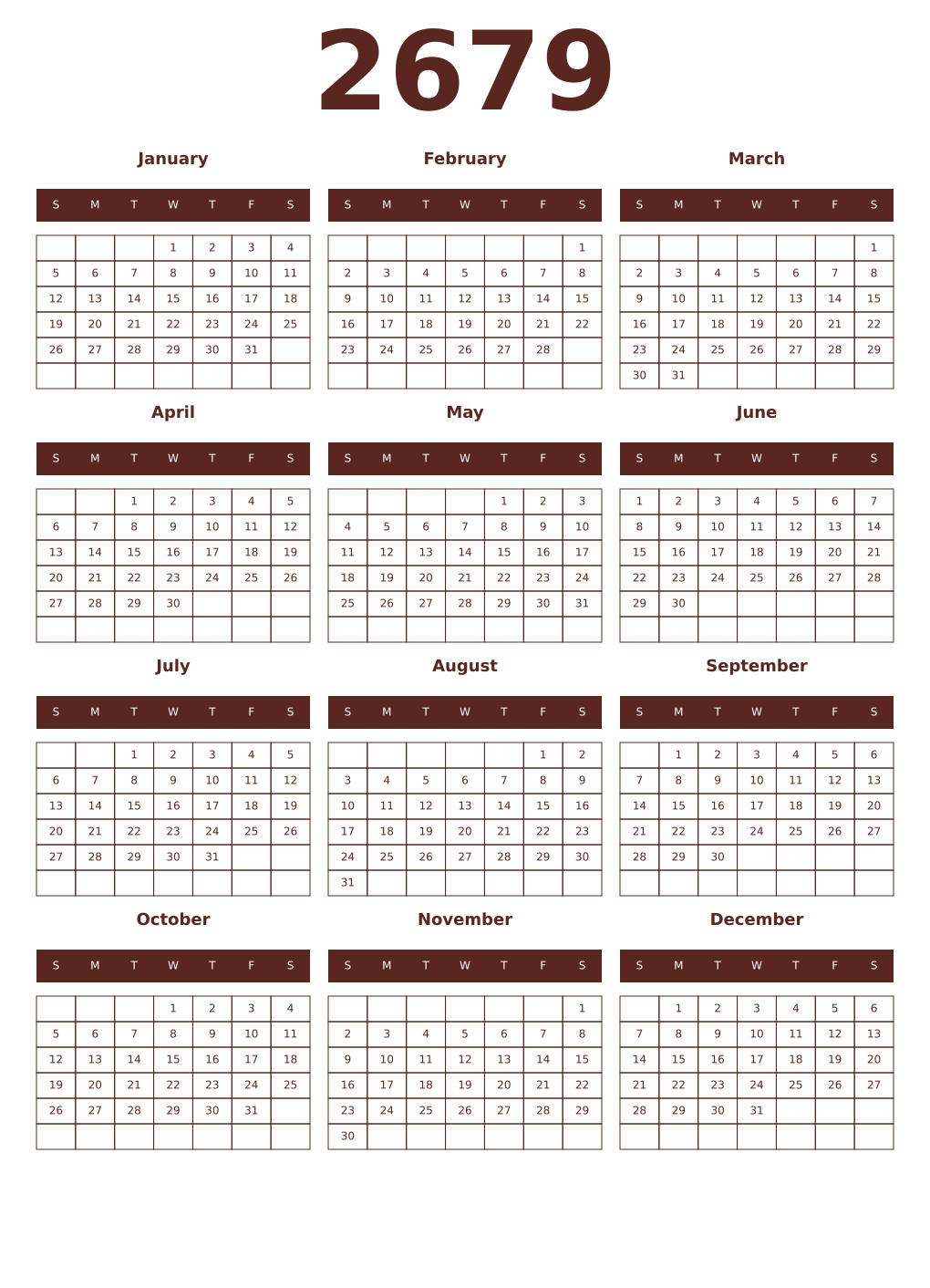 Printable 2679 Year Calendars mortuum