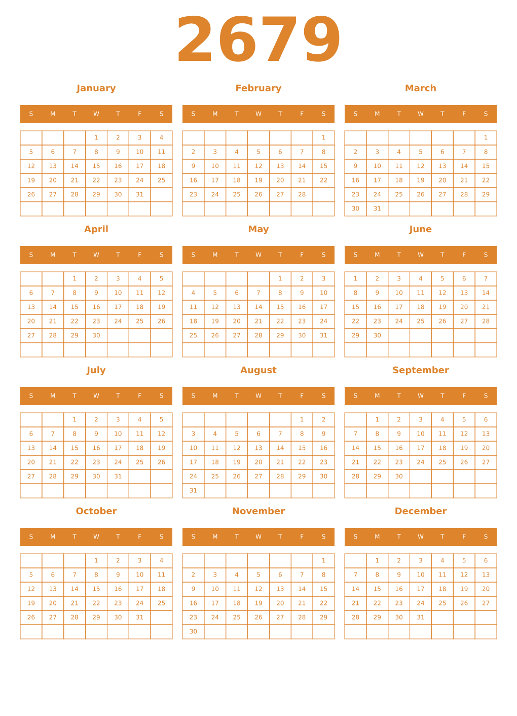Printable 2679 Year Calendars orange