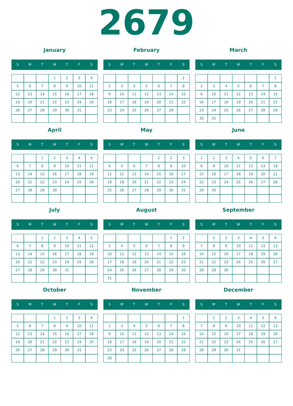 Printable 2679 Year Calendars pastel
