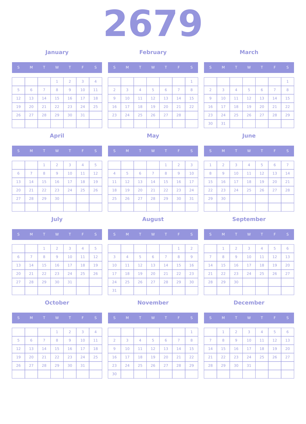 Printable 2679 Year Calendars periwinkle