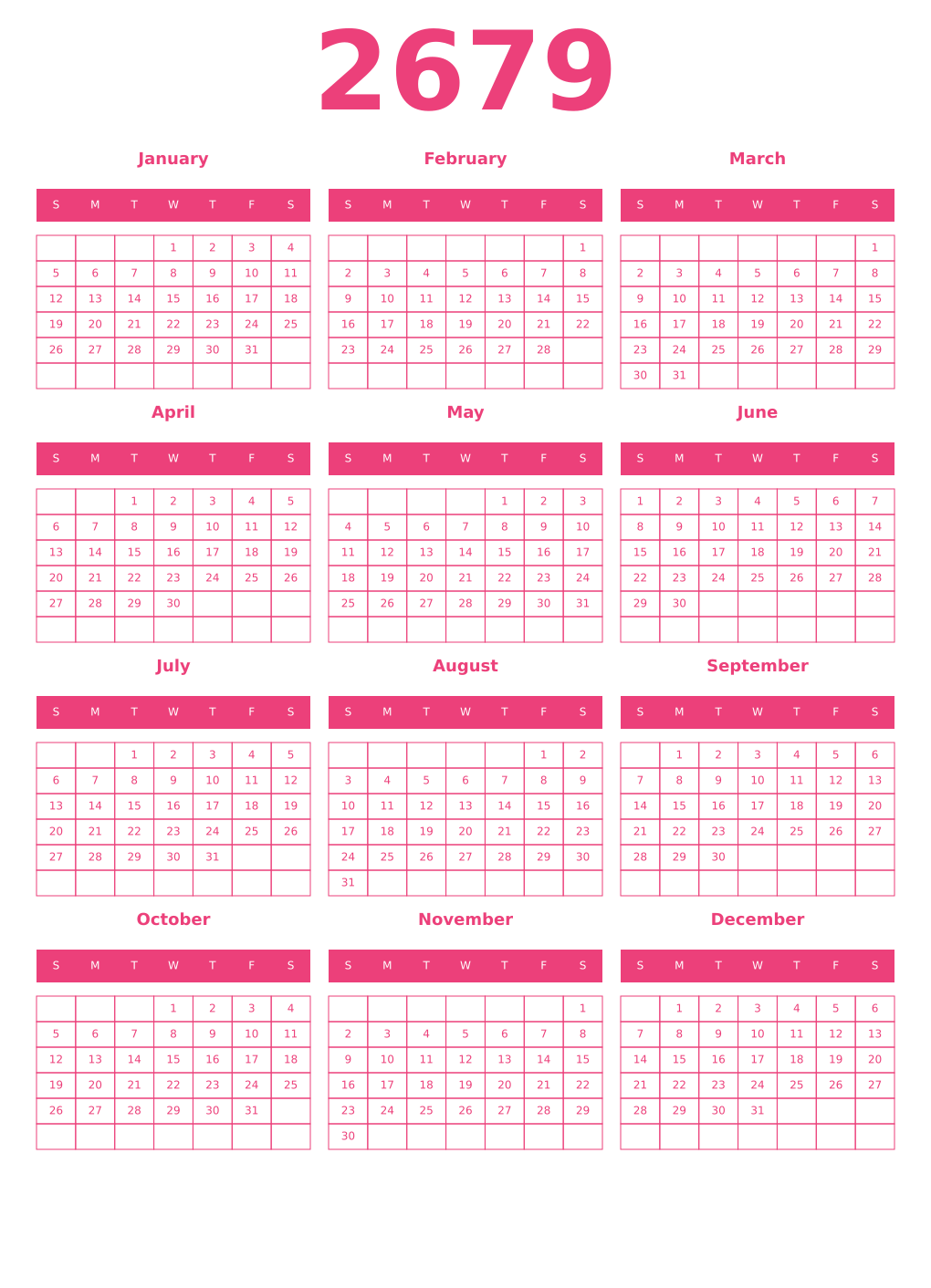 Printable 2679 Year Calendars pink