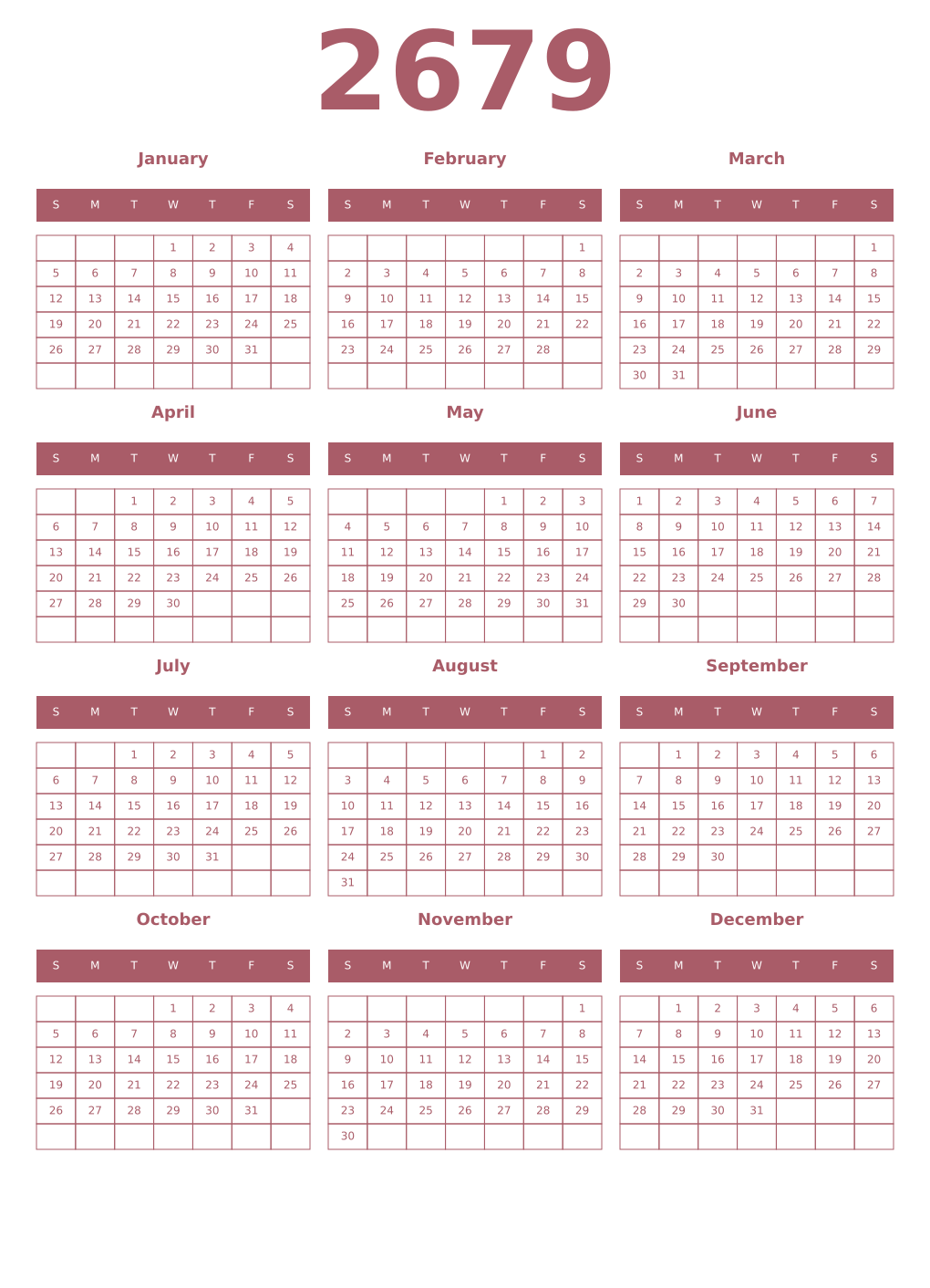 Printable 2679 Year Calendars puce