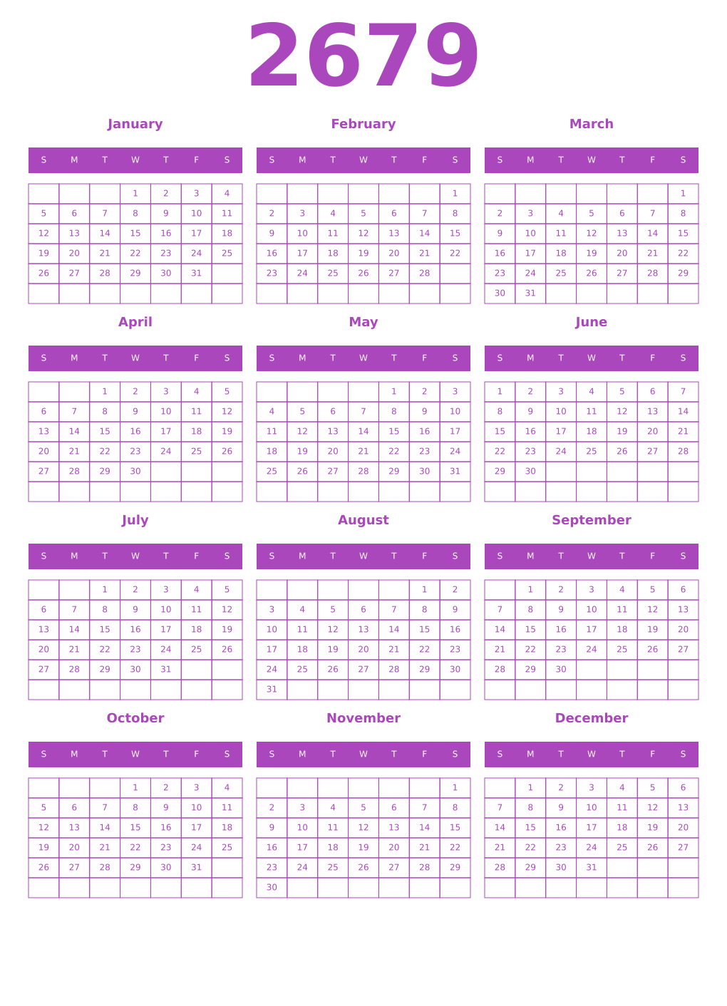 Printable 2679 Year Calendars purple
