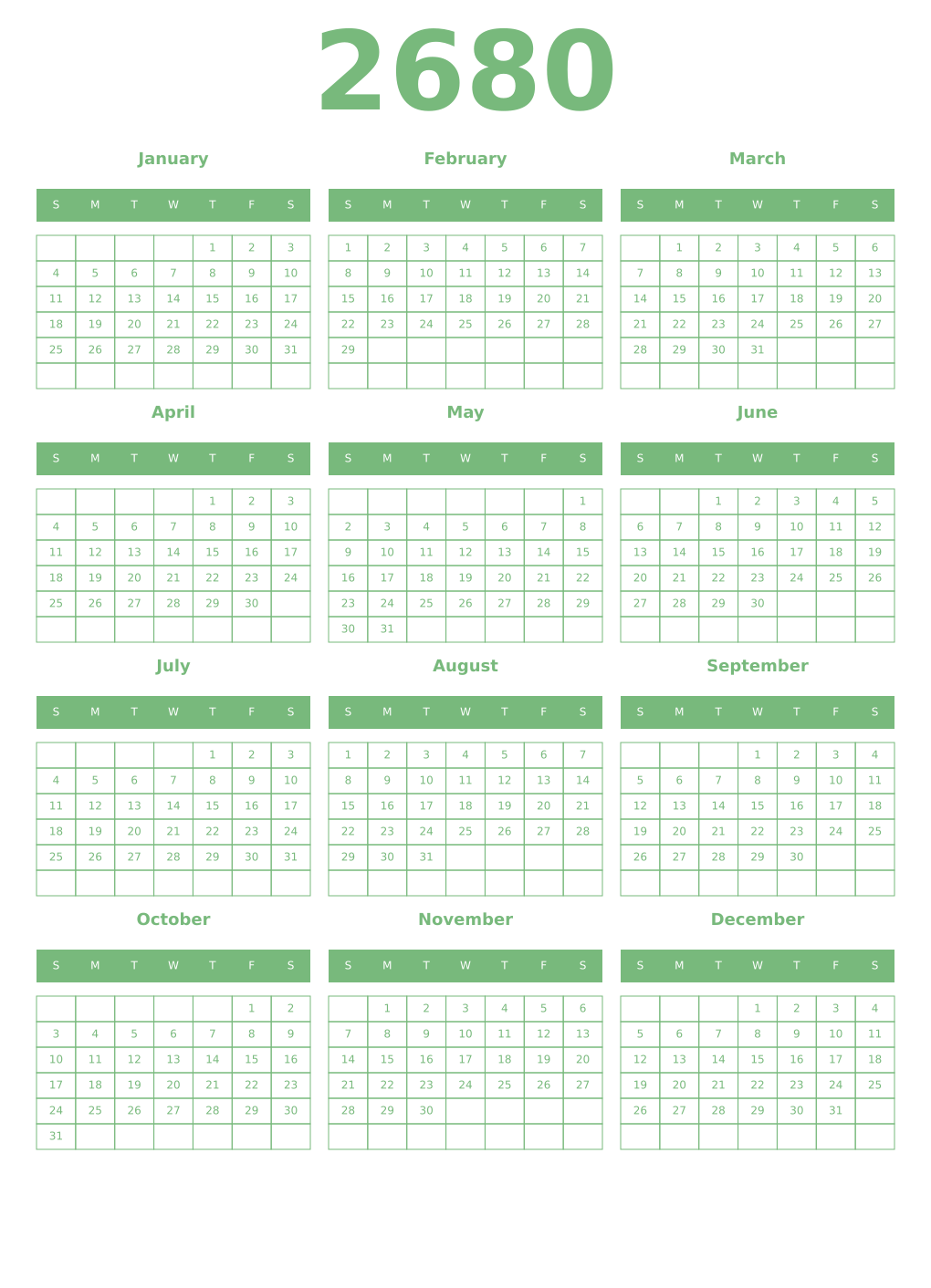 Printable 2680 Year Calendars celadon