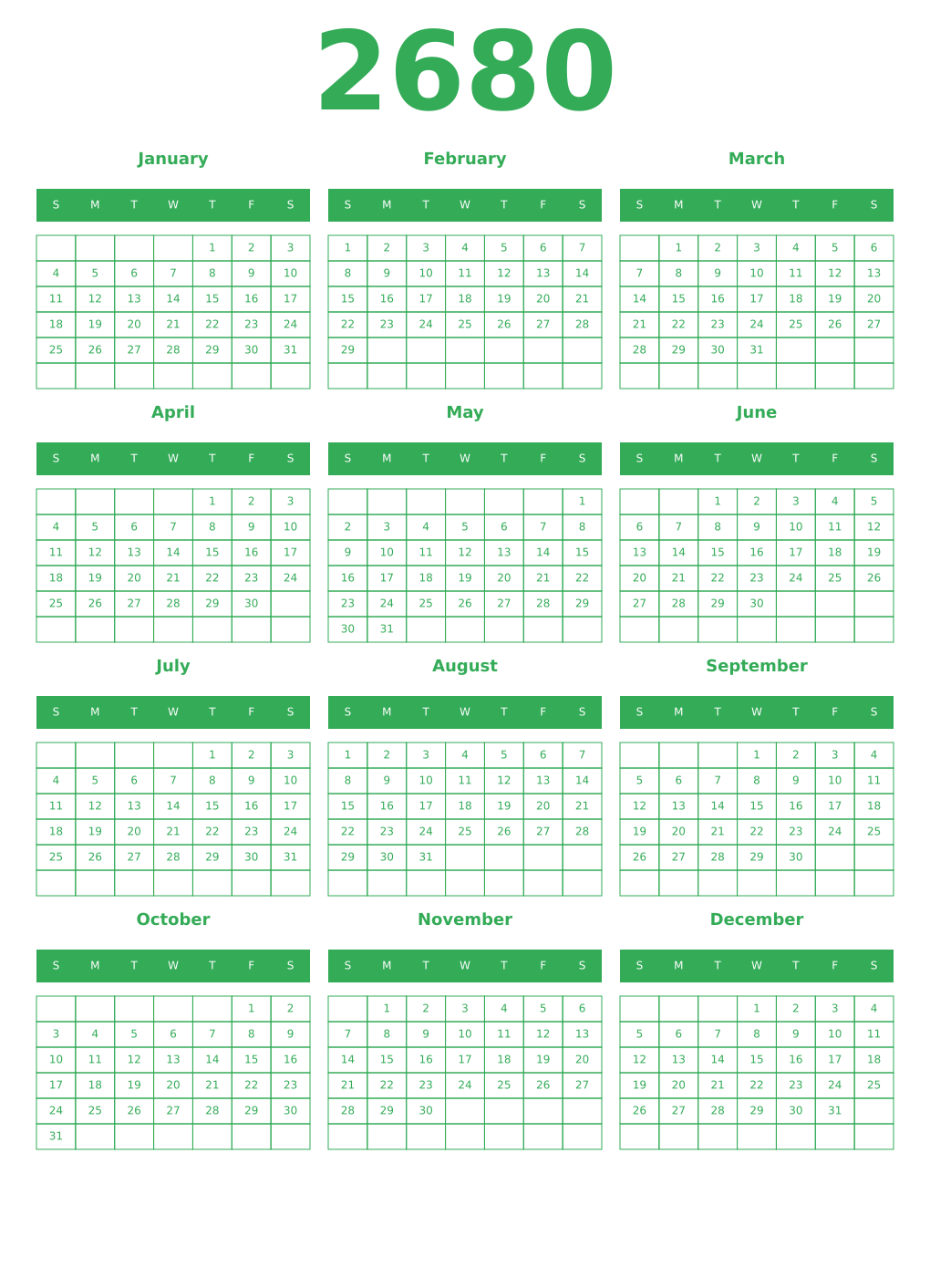 Printable 2680 Year Calendars green