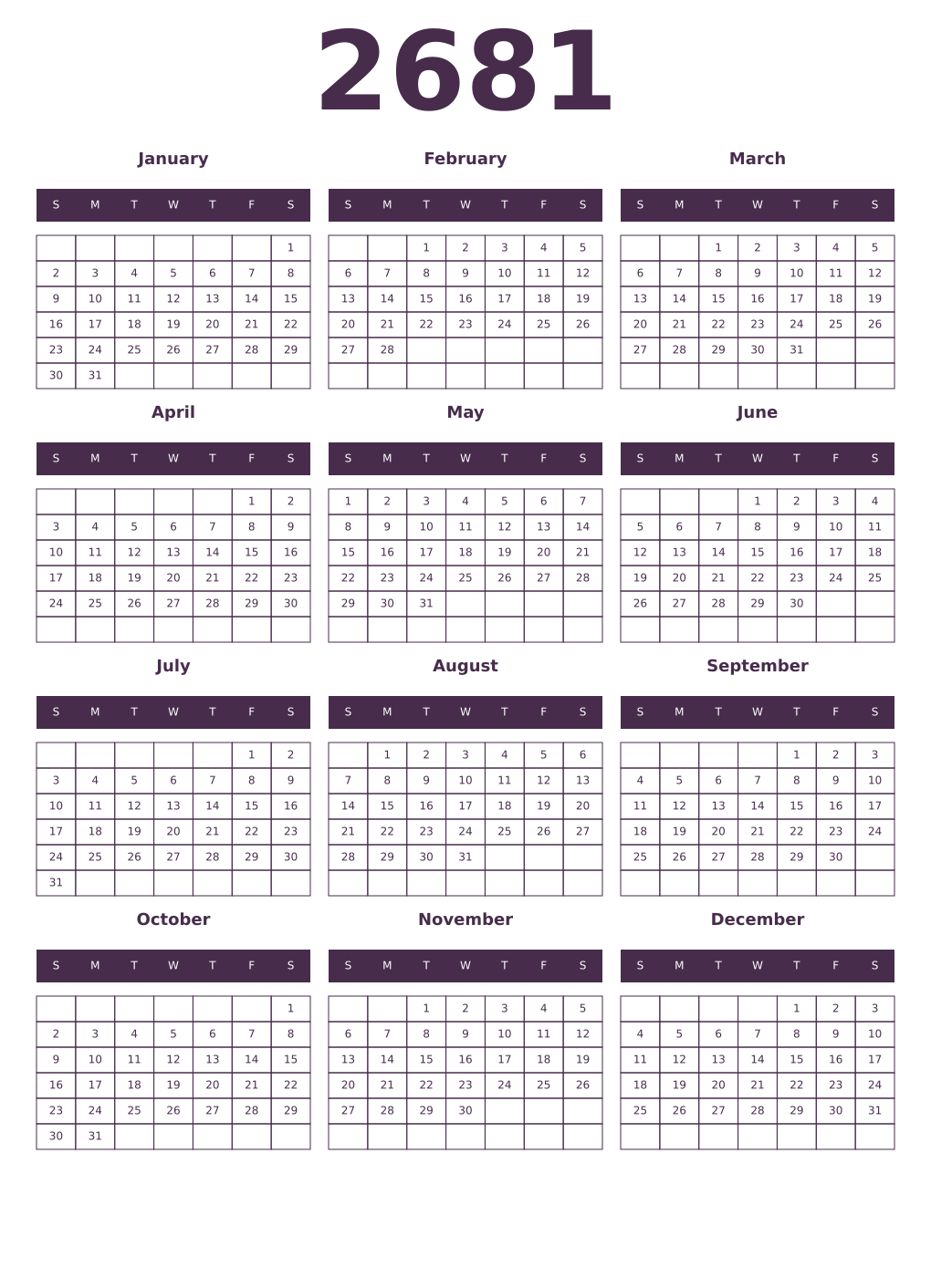 Printable 2681 Year Calendars aubergine