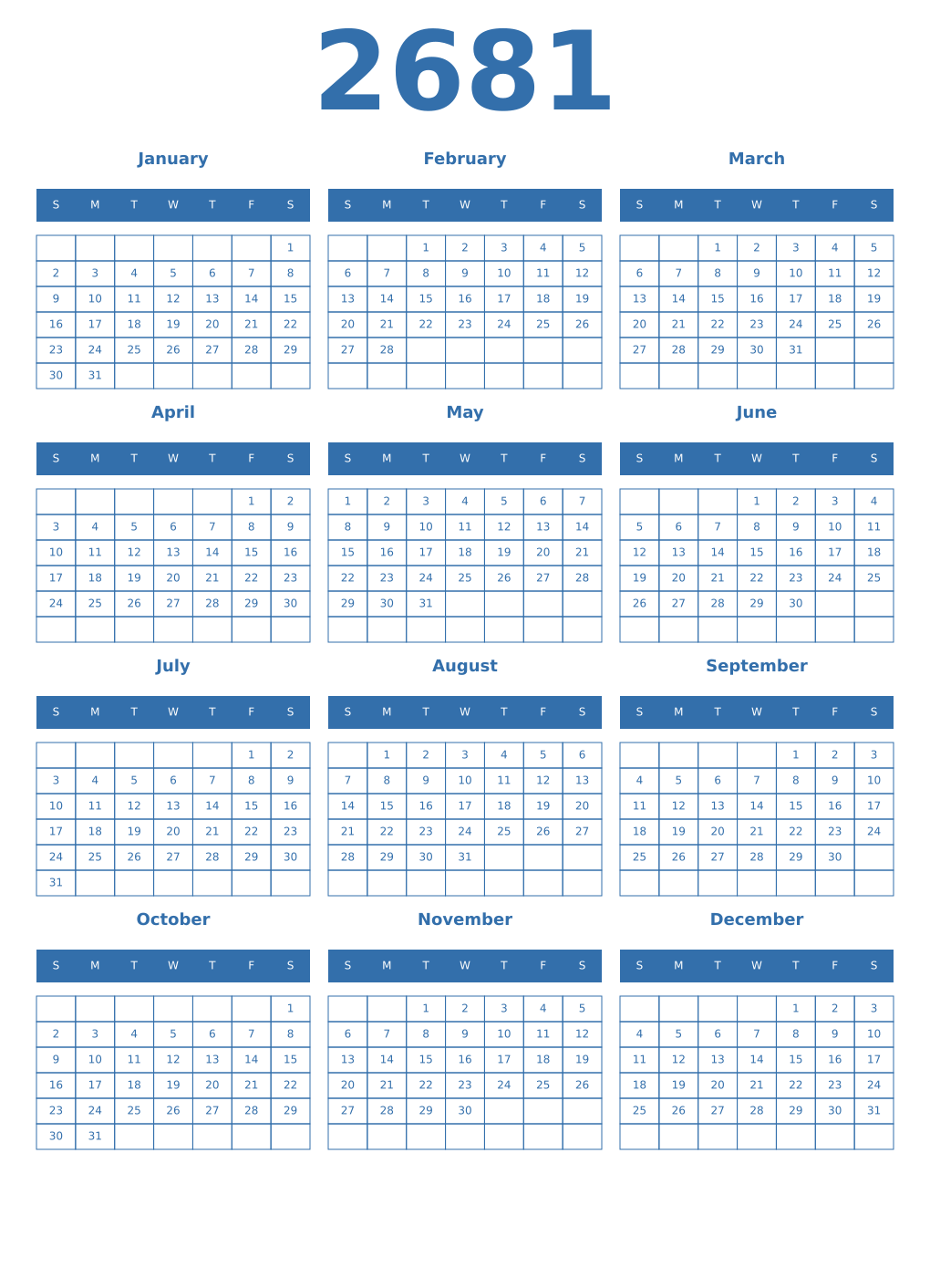 Printable 2681 Year Calendars blue