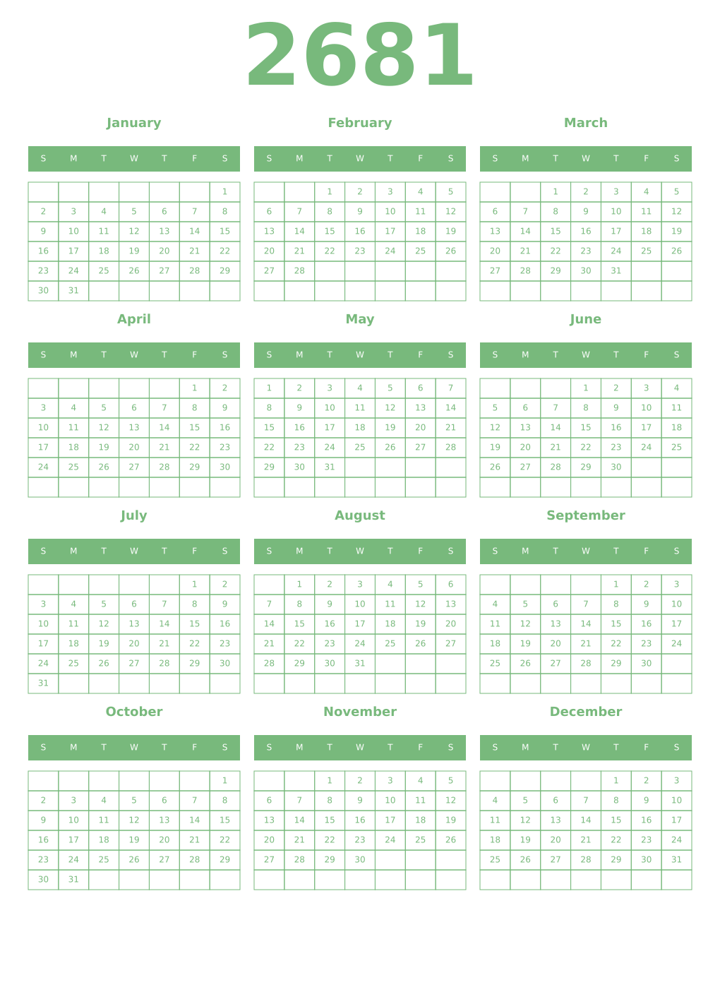 Printable 2681 Year Calendars celadon