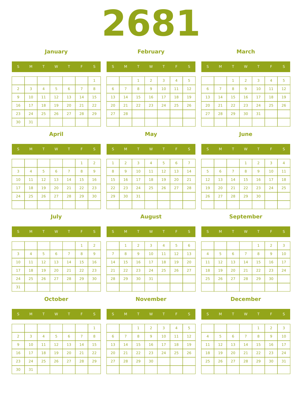Printable 2681 Year Calendars chartreuse