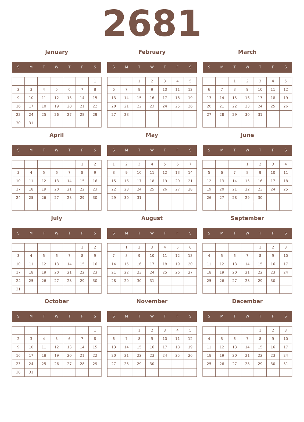 Printable 2681 Year Calendars coffe