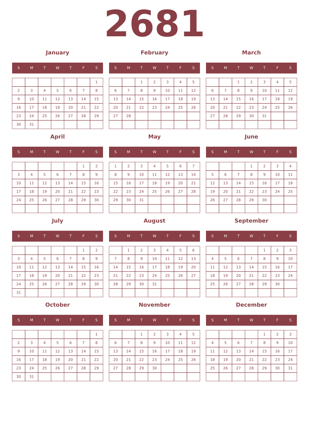 Printable 2681 Year Calendars cordovan