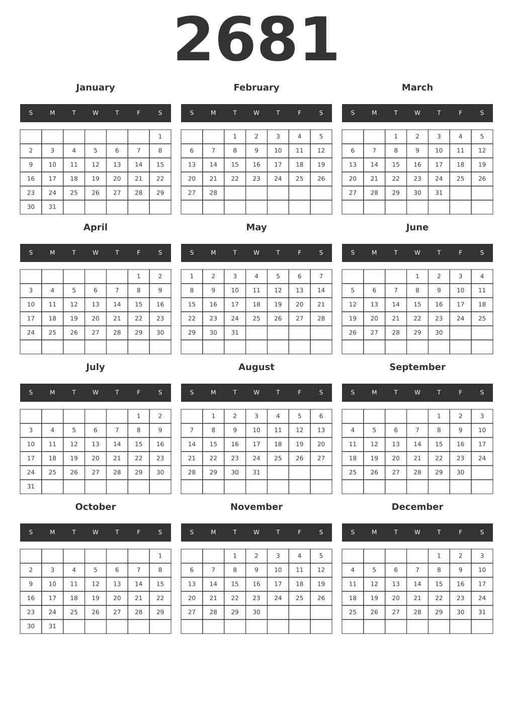 Printable 2681 Year Calendars dark