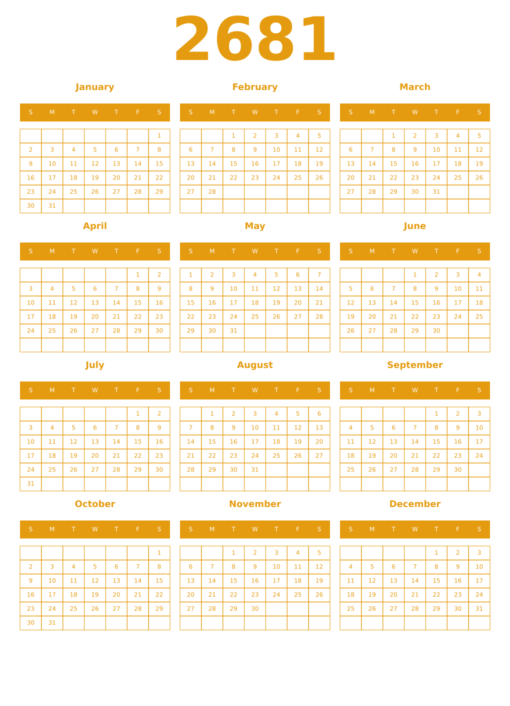 Printable 2681 Year Calendars gamboge