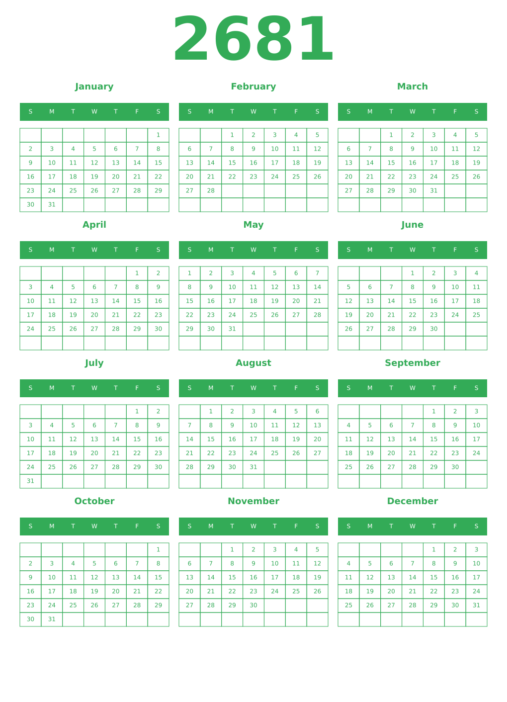 Printable 2681 Year Calendars green