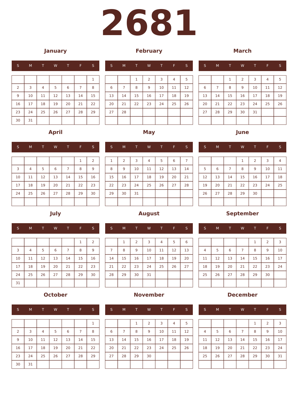 Printable 2681 Year Calendars mortuum