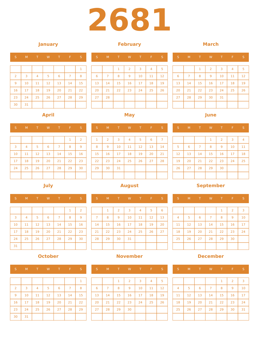 Printable 2681 Year Calendars orange