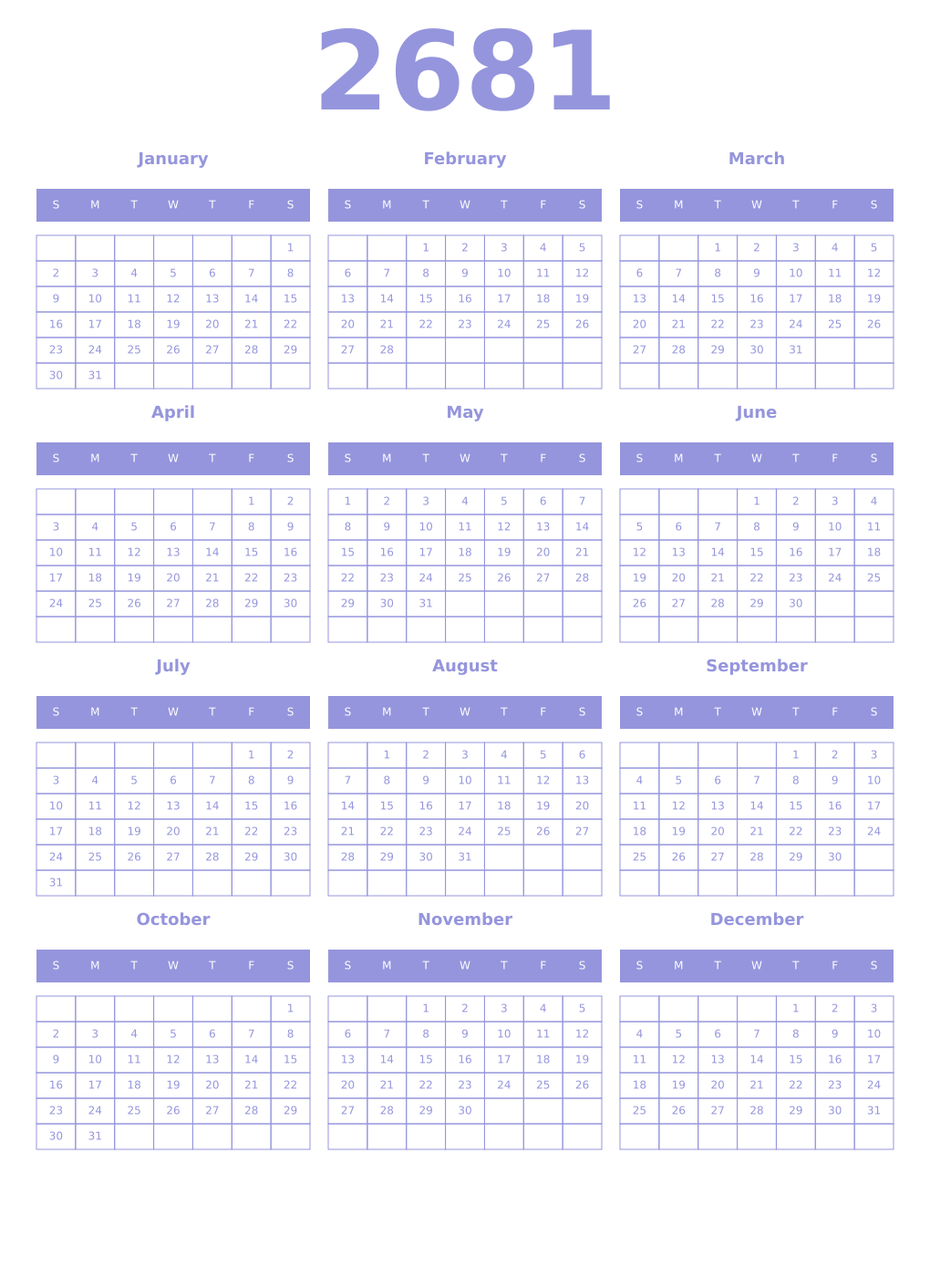 Printable 2681 Year Calendars periwinkle