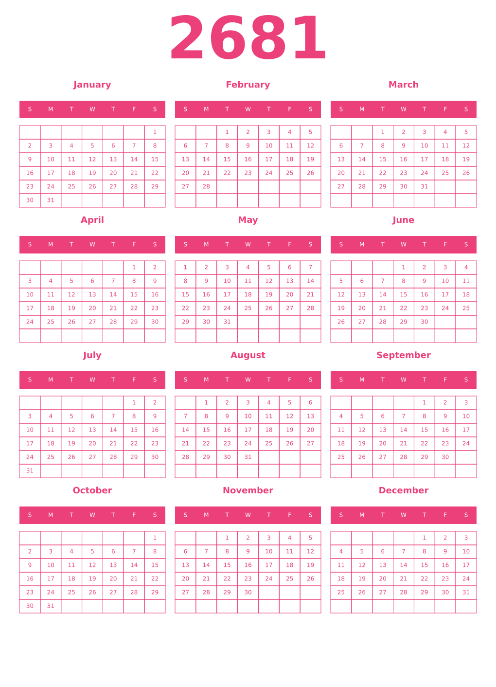 Printable 2681 Year Calendars pink