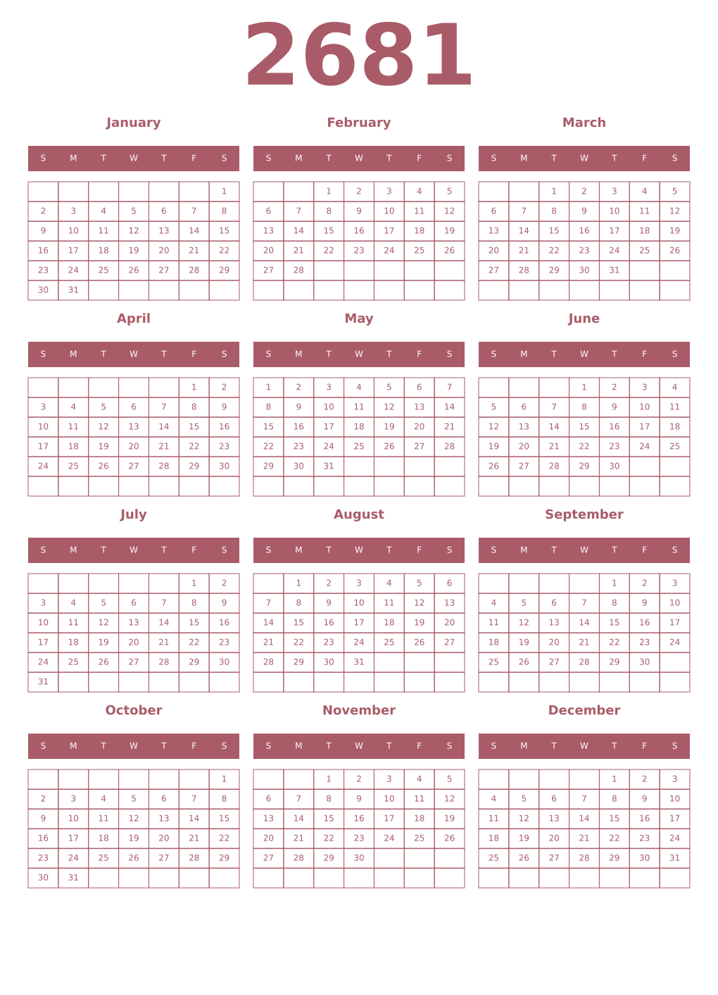 Printable 2681 Year Calendars puce