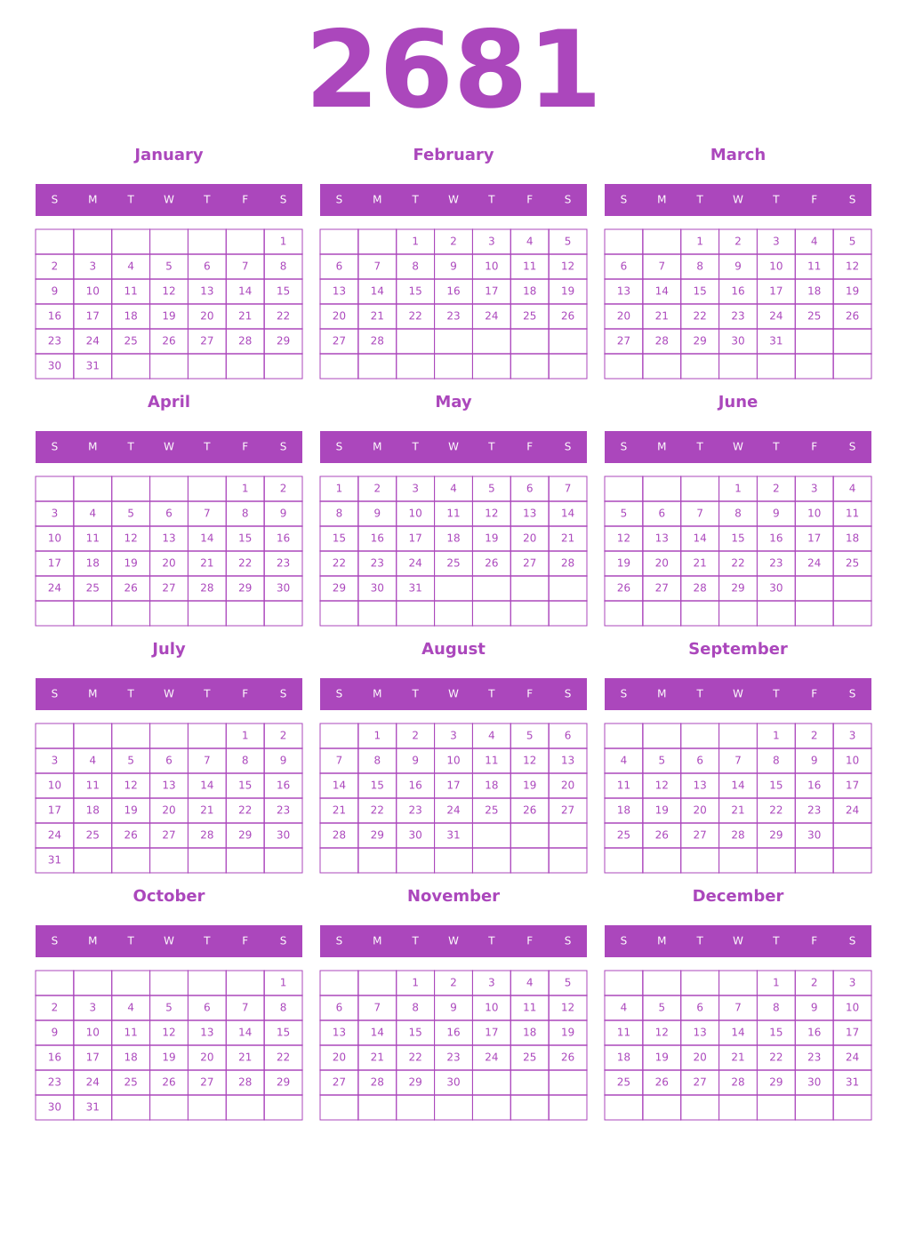 Printable 2681 Year Calendars purple