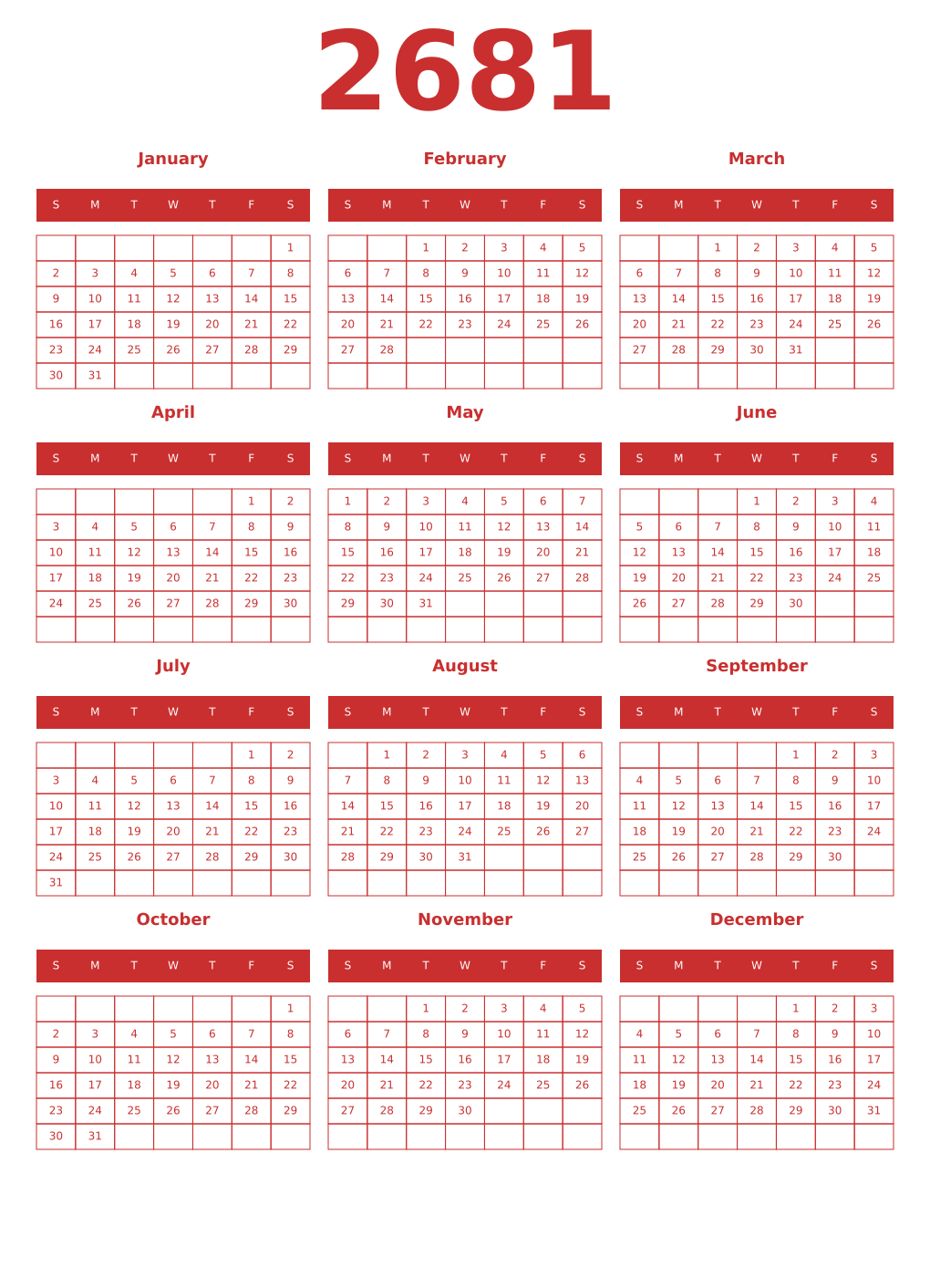 Printable 2681 Year Calendars red