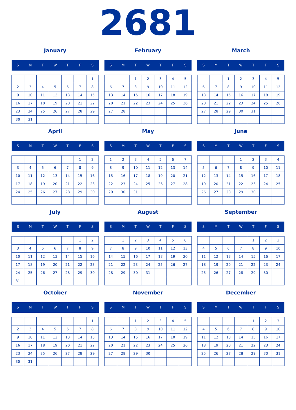 Printable 2681 Year Calendars smalt