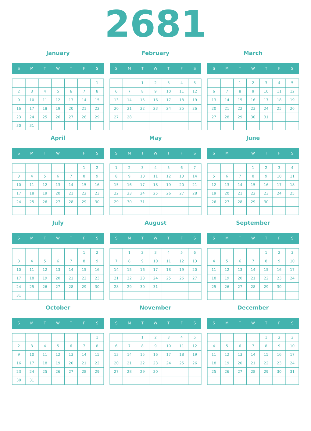 Printable 2681 Year Calendars verdigris