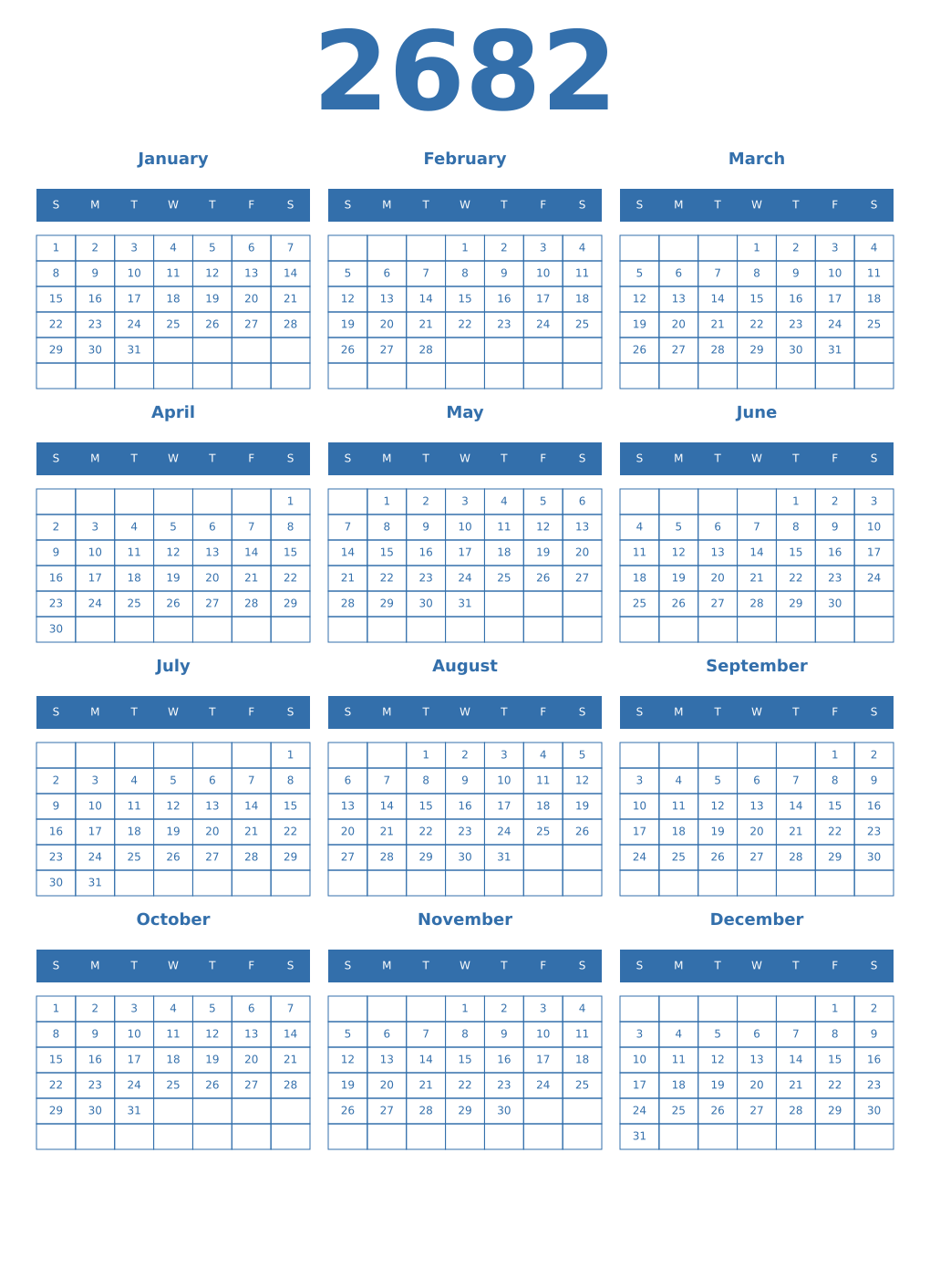Printable 2682 Year Calendars blue