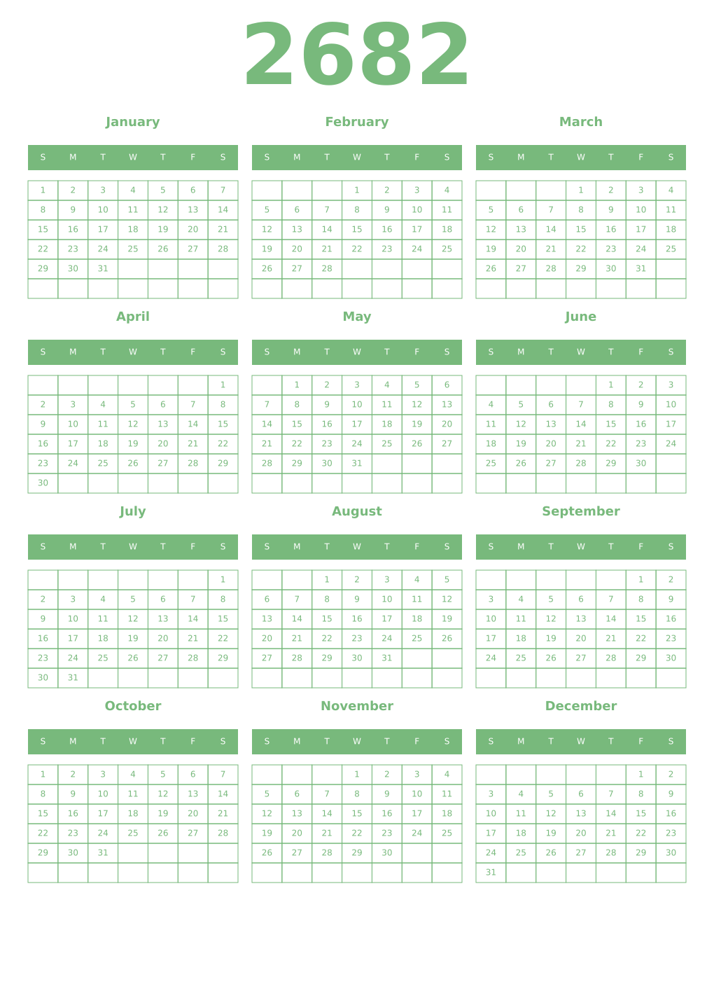 Printable 2682 Year Calendars celadon