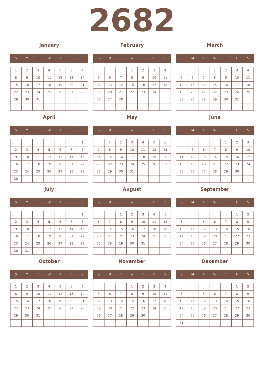 Printable 2682 Year Calendars coffe