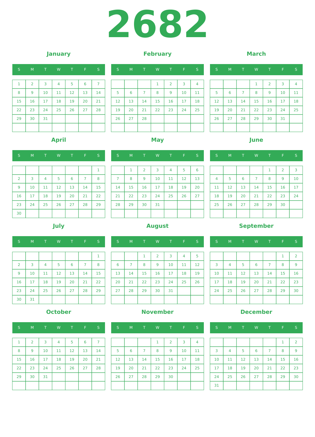 Printable 2682 Year Calendars green
