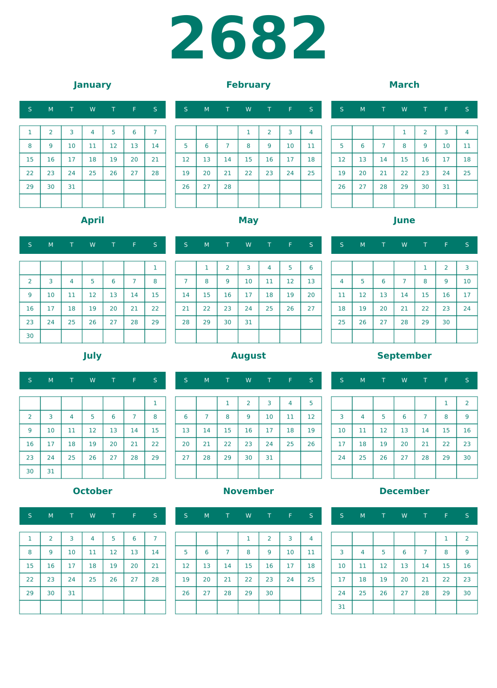 Printable 2682 Year Calendars pastel