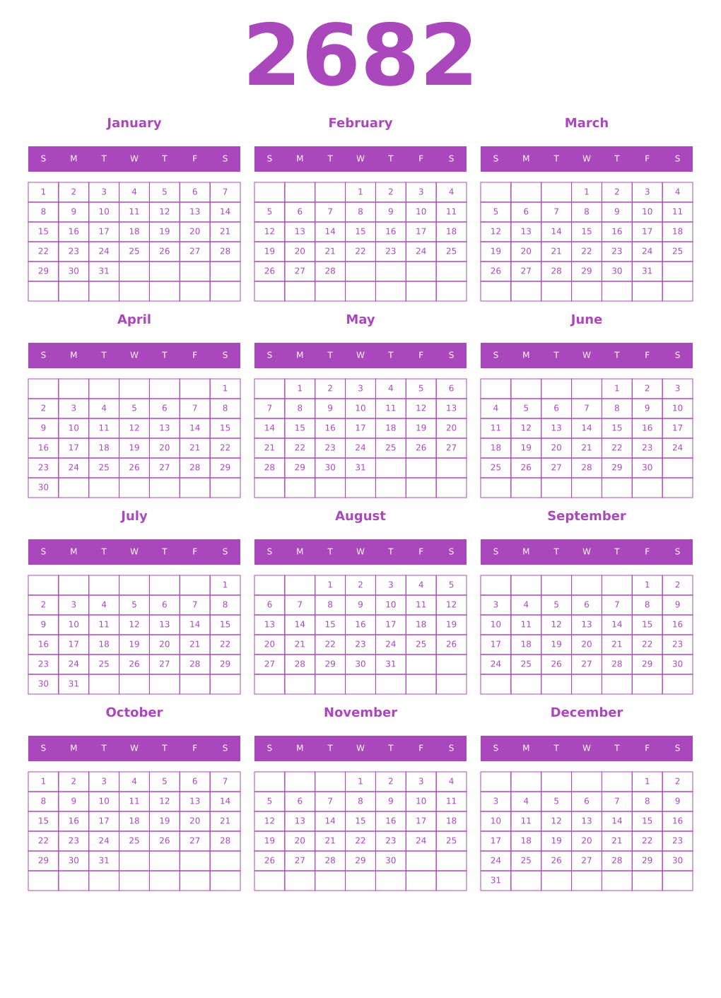 Printable 2682 Year Calendars purple
