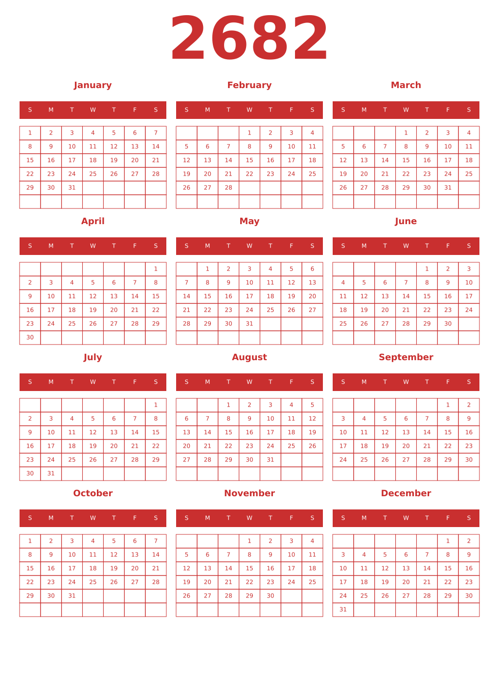 Printable 2682 Year Calendars red