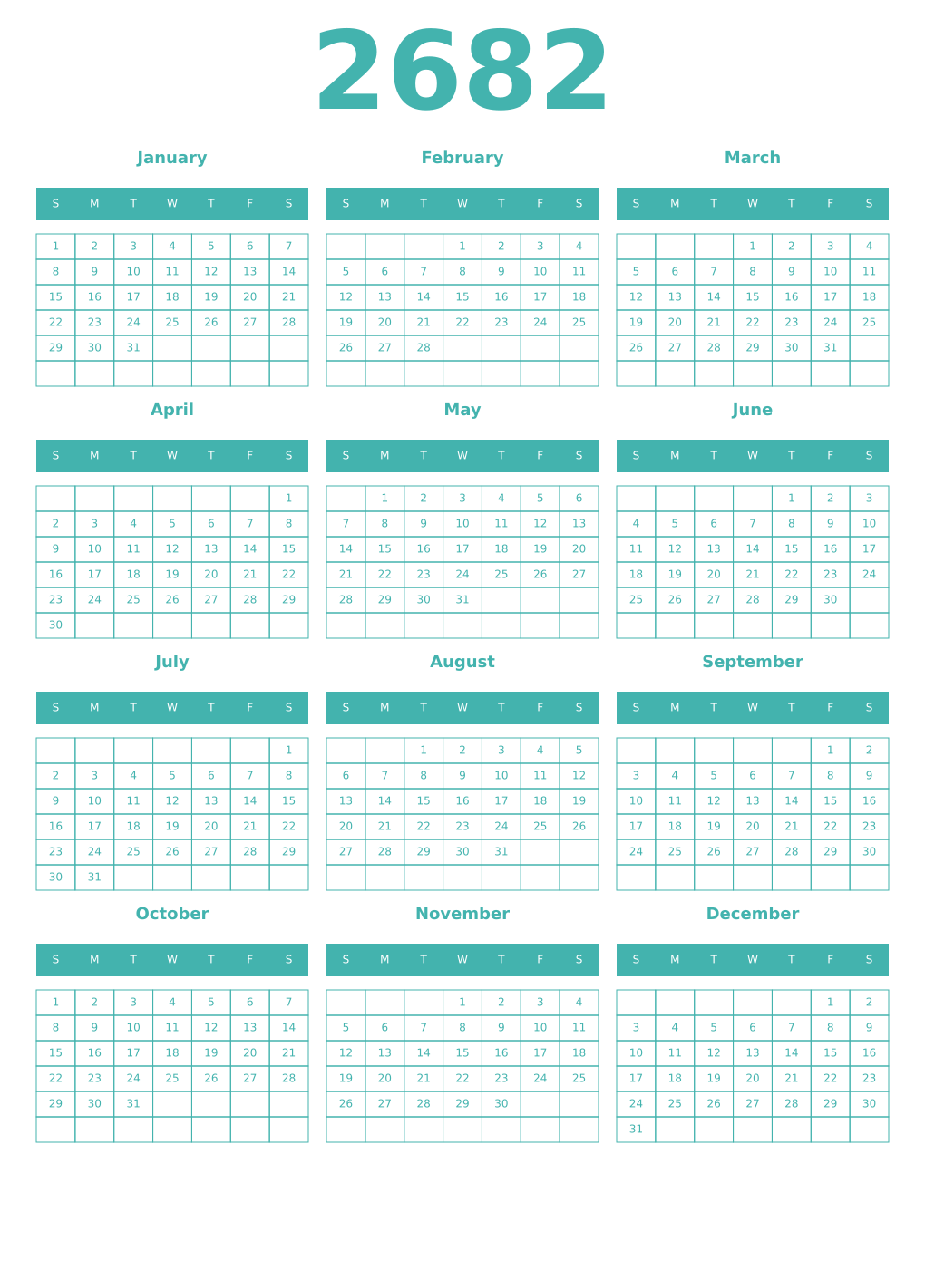 Printable 2682 Year Calendars verdigris