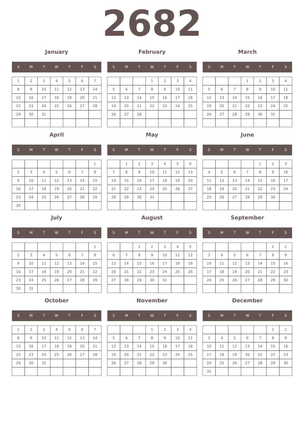 Printable 2682 Year Calendars wenge