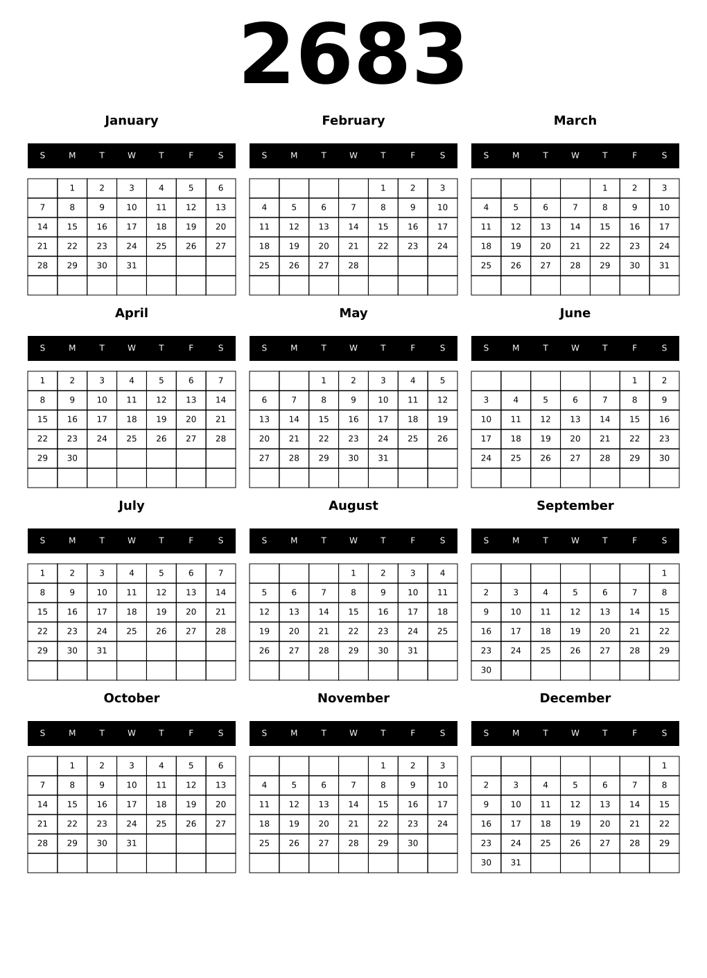 Printable 2683 Year Calendars black