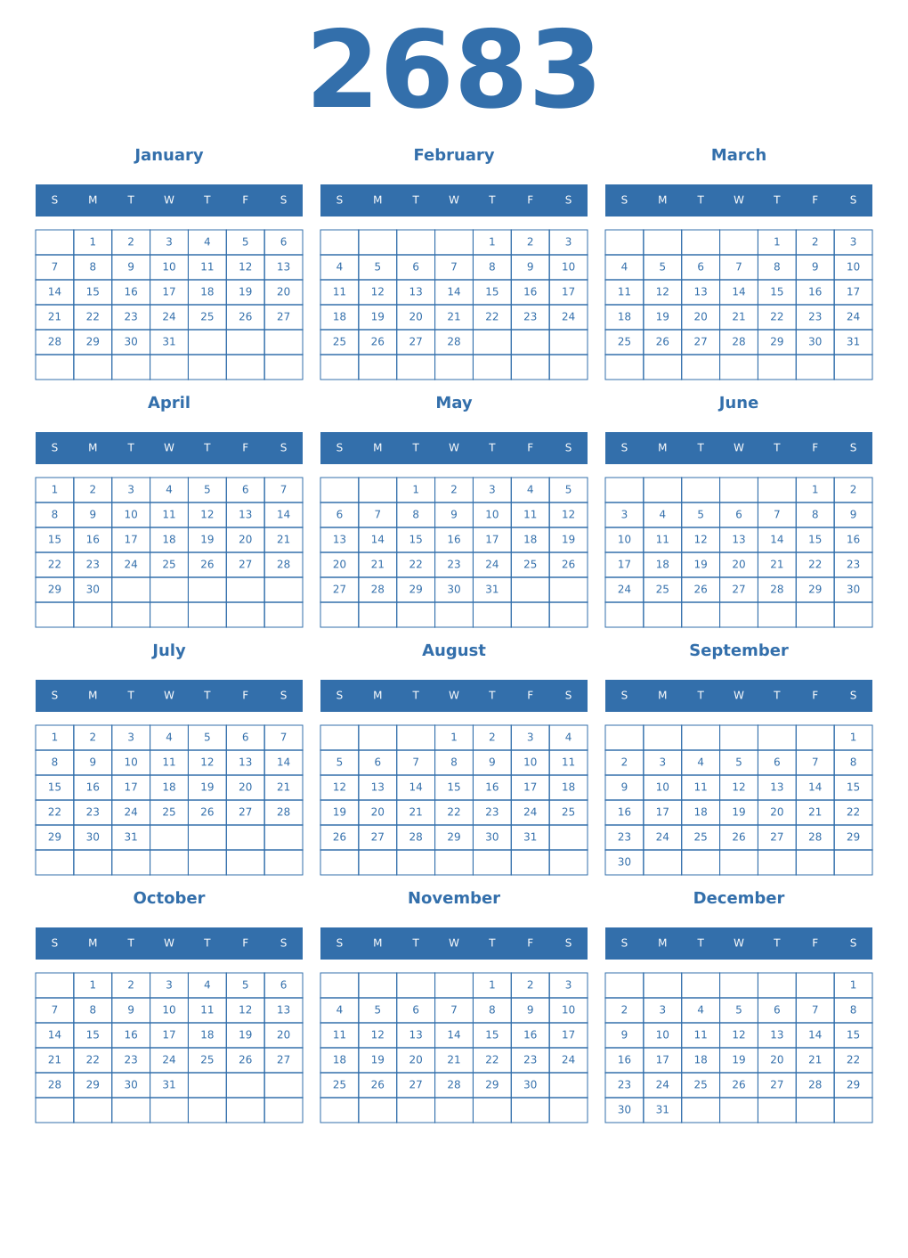 Printable 2683 Year Calendars blue