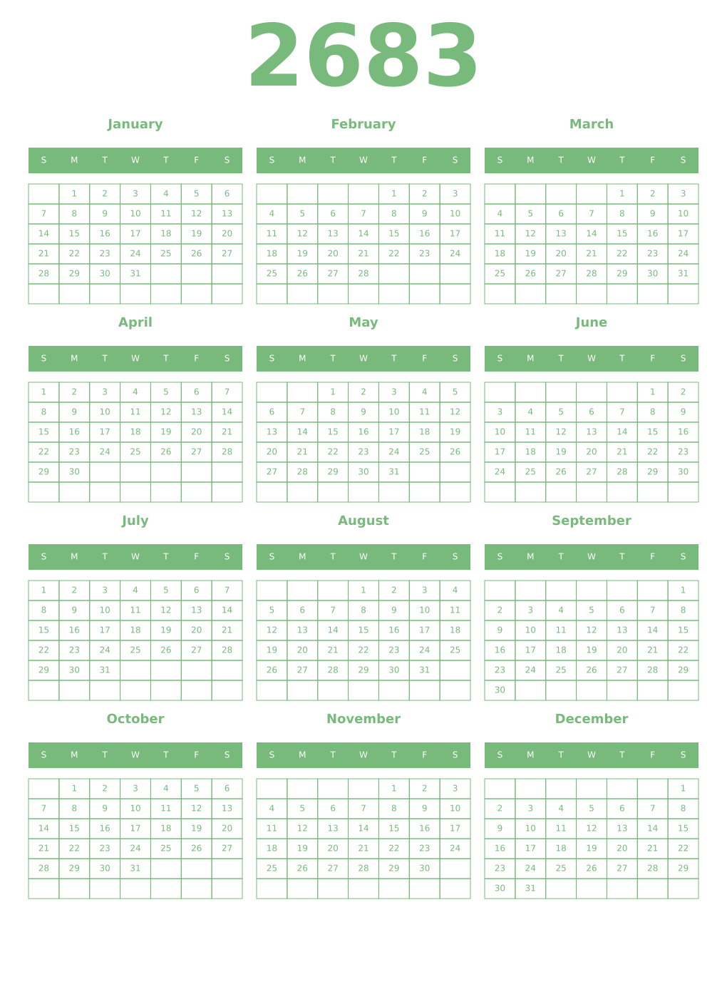 Printable 2683 Year Calendars celadon