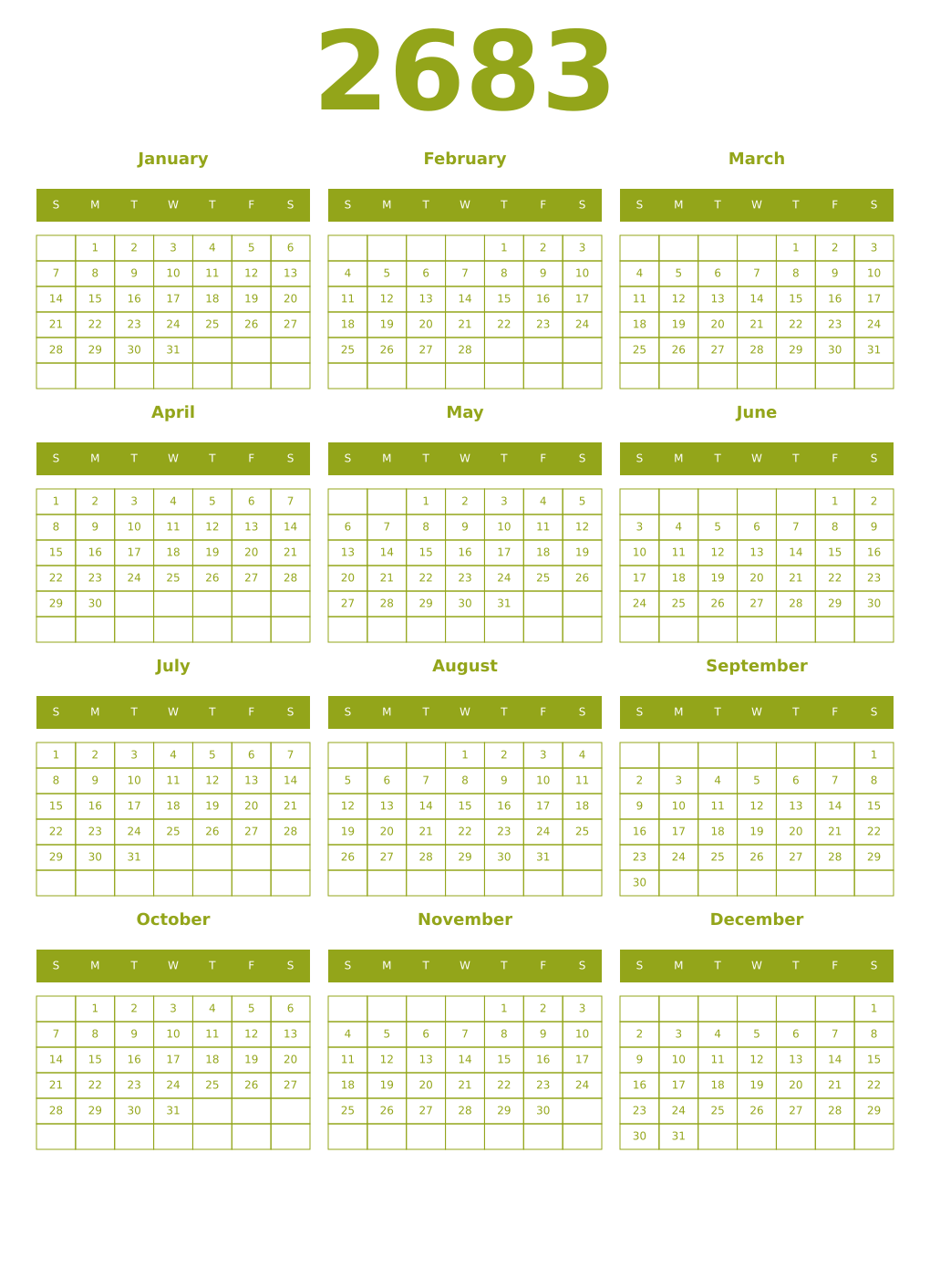 Printable 2683 Year Calendars chartreuse