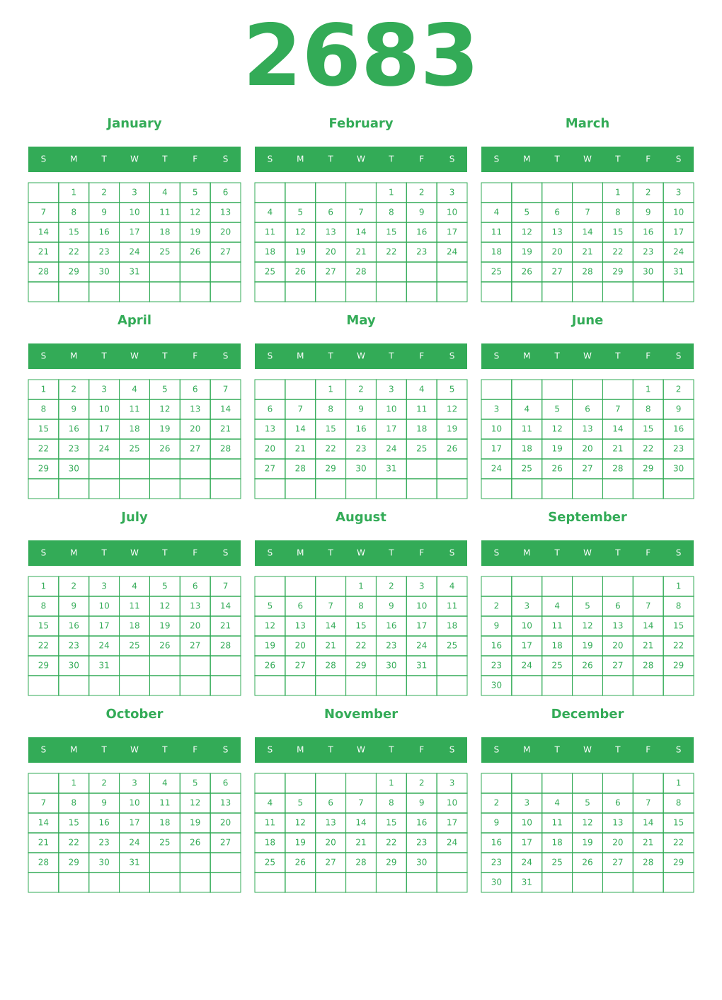 Printable 2683 Year Calendars green