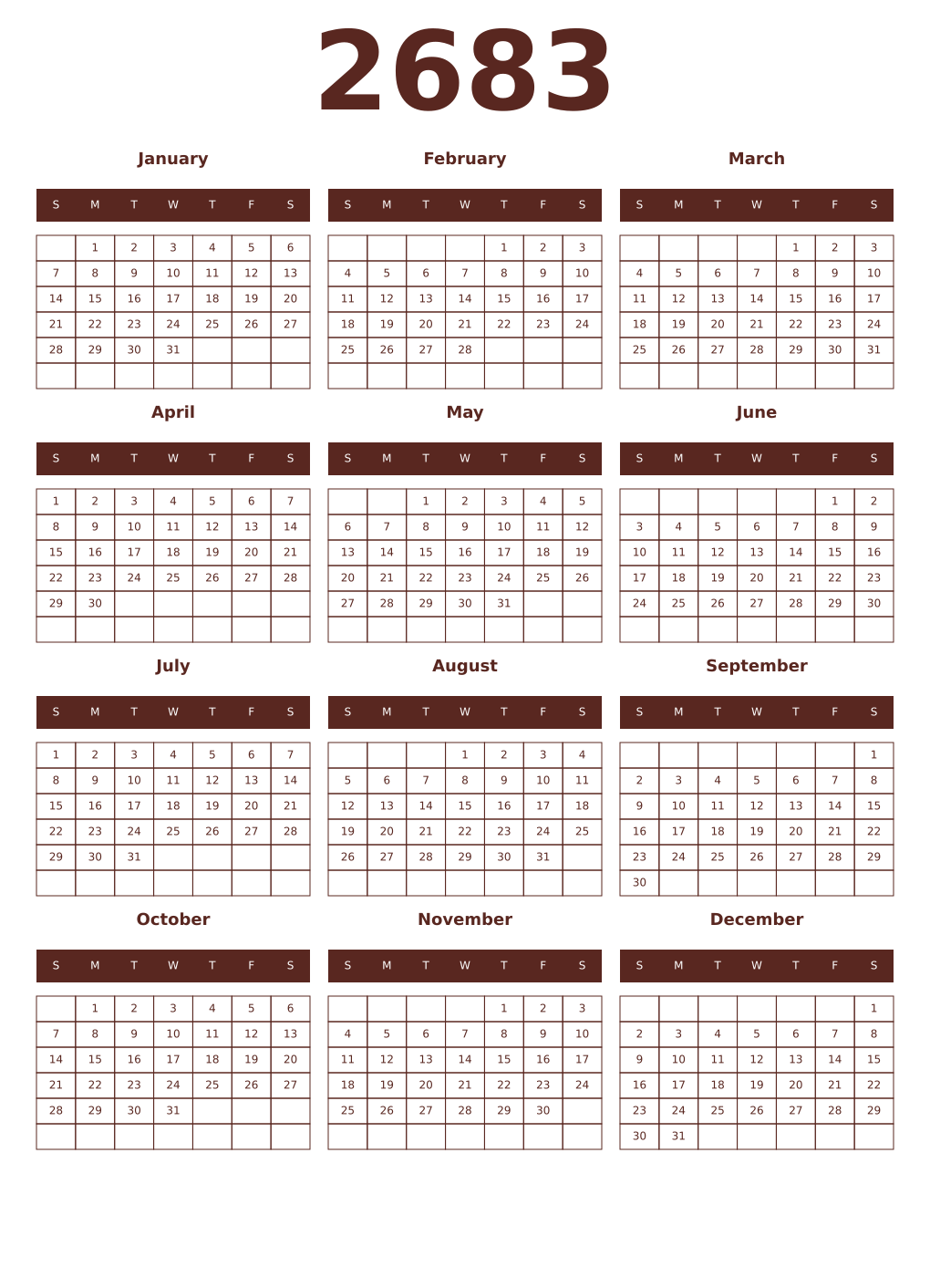Printable 2683 Year Calendars mortuum