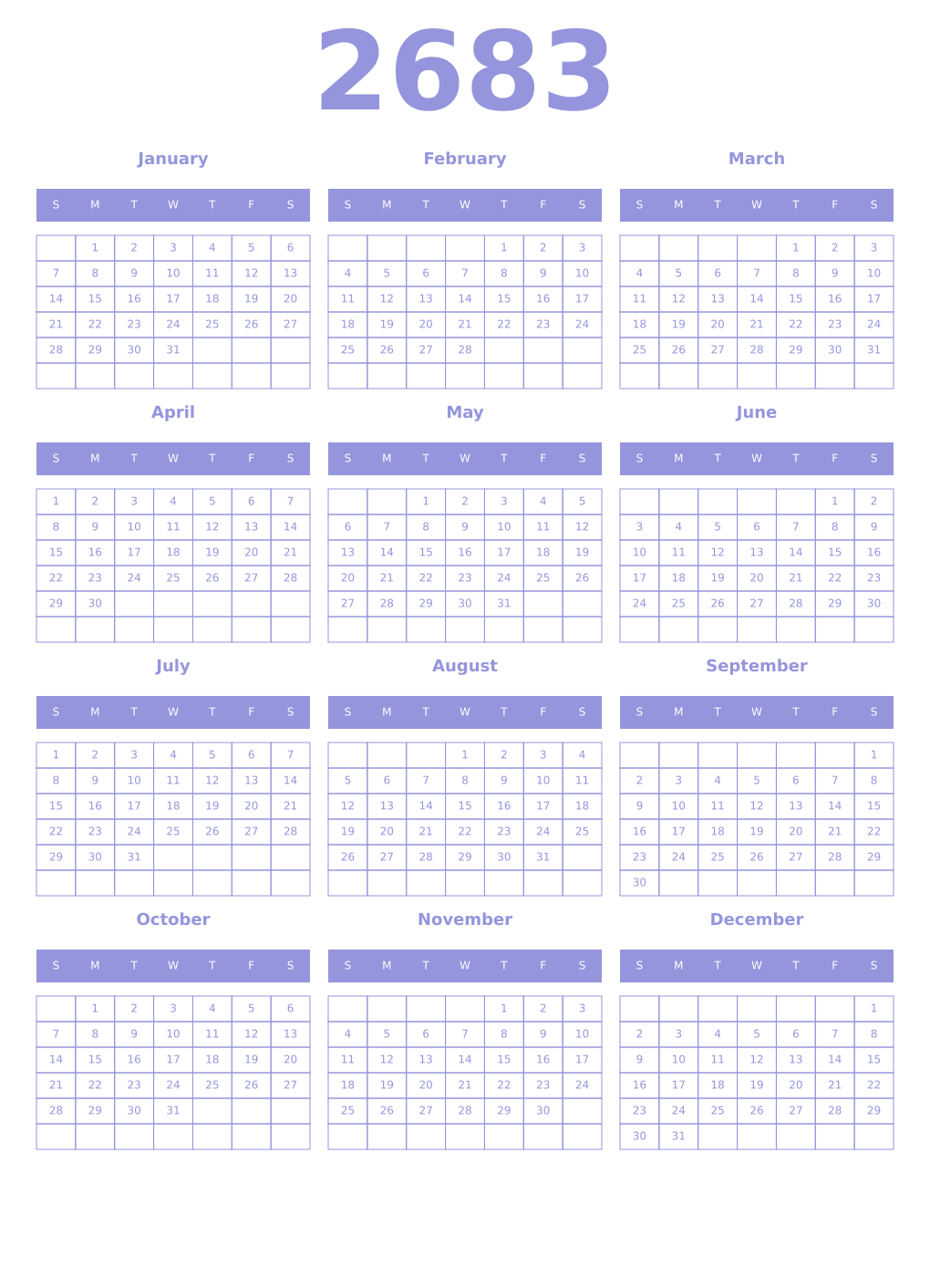 Printable 2683 Year Calendars periwinkle
