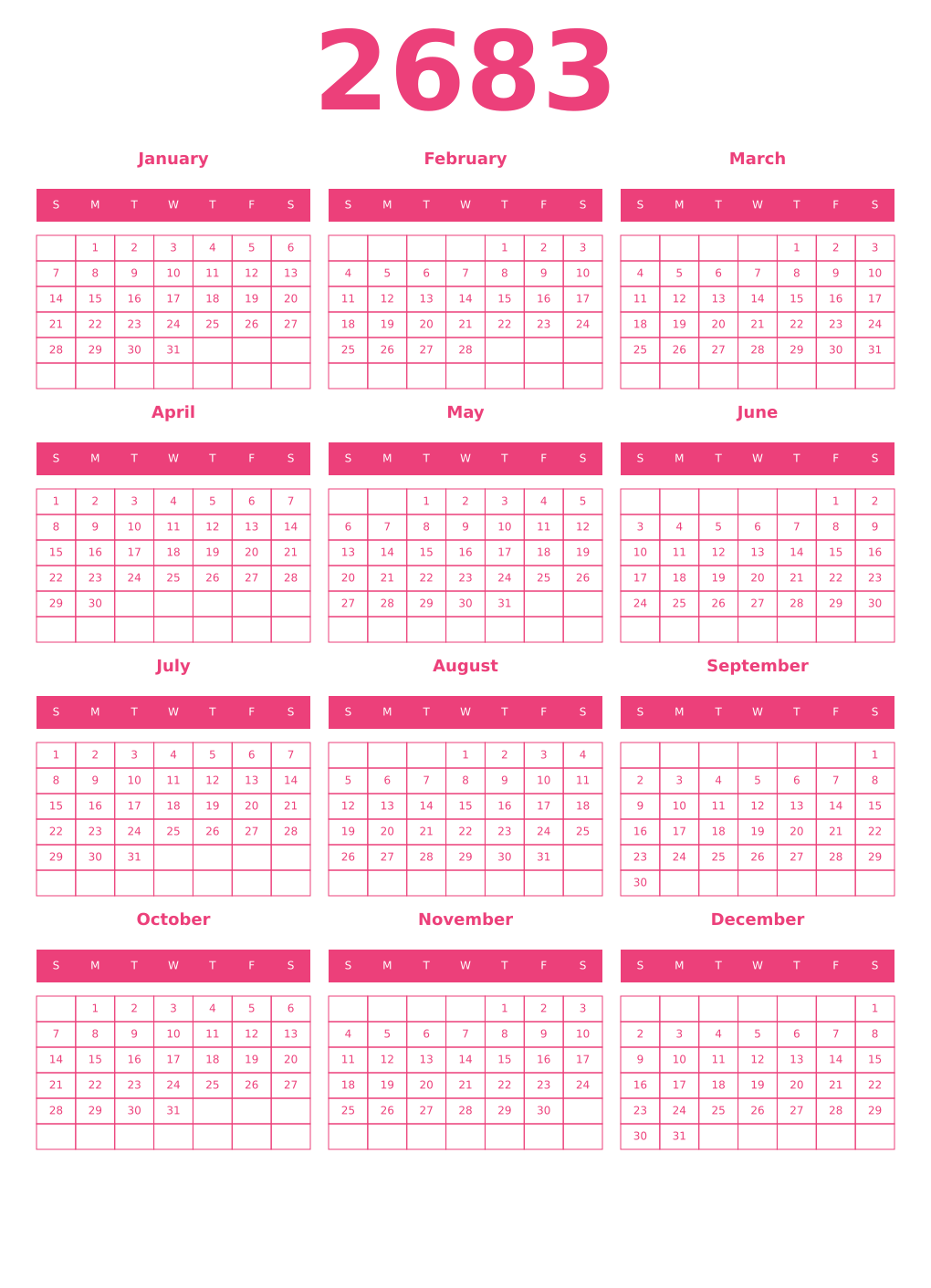 Printable 2683 Year Calendars pink