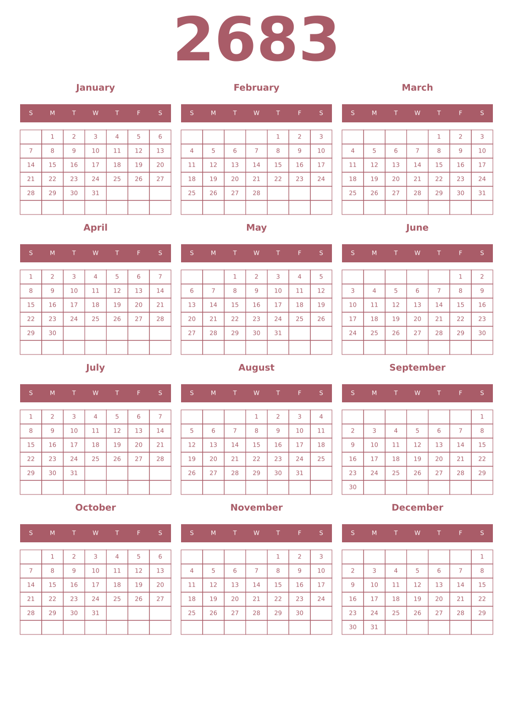 Printable 2683 Year Calendars puce